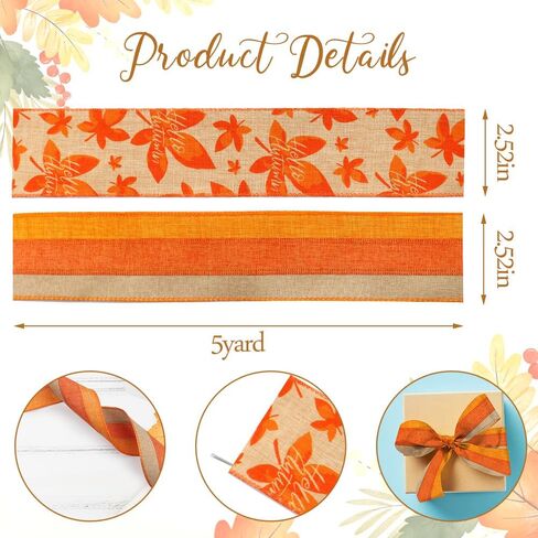 2 Rolls Fall Fabric Ribbon Thanksgiving Burlap Linen Ribbons Fall Maple Leaves Orange Brown Strips Edge Wired Decor Ribbons for Fall Thanksgiving Party Gift Wrapping Crafts Decoration Supplies 5 Yards in Saudi Arabia