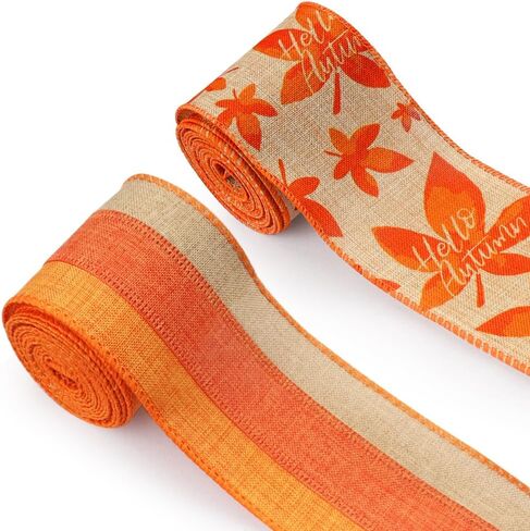 2 Rolls Fall Fabric Ribbon Thanksgiving Burlap Linen Ribbons Fall Maple Leaves Orange Brown Strips Edge Wired Decor Ribbons for Fall Thanksgiving Party Gift Wrapping Crafts Decoration Supplies 5 Yards in Saudi Arabia