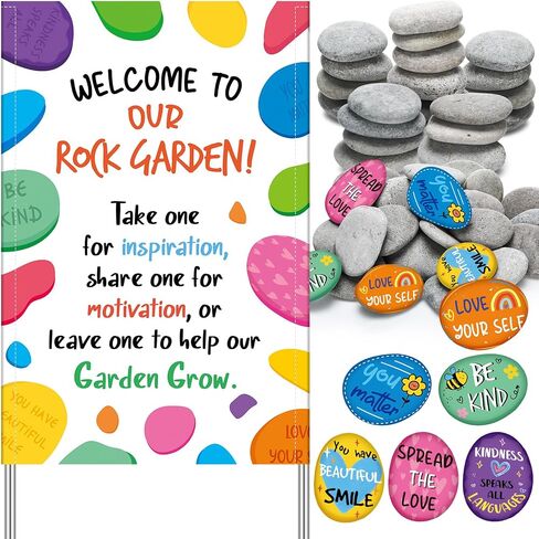 Yalikop 46 Pcs Rock Garden Decor Painting Rocks with Welcome to Our Kindness Rock Garden Sign for DIY Painting for School Community World Kindness Day Decorations in Saudi Arabia