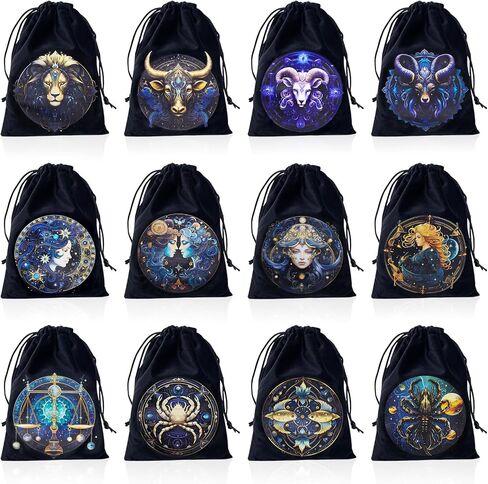 12 Pcs Velvet Tarot Storage Bags and Dice Bags with Drawstrings for Tarot, Divination Supplies, Cards, Runes and Jewelry, 7.9×5.9 inches (Horoscope Style) (Horoscope) in Saudi Arabia