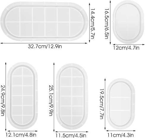 5 Pcs Oval Resin Tray Mold Set, 12'', 10'', 9'', 7'', 5.7'' Tray Molds for Epoxy Resin for DIY Jewelry Trinket Dish Home Decor DIY Gift in Saudi Arabia