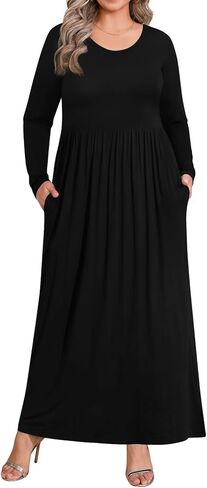 BISHUIGE Womens XL-6XL Long Sleeve Casual Plus Size Maxi Dresses with Pockets in Kuwait