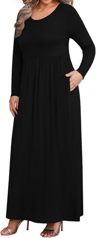 BISHUIGE Womens XL-6XL Long Sleeve Casual Plus Size Maxi Dresses with Pockets in Kuwait