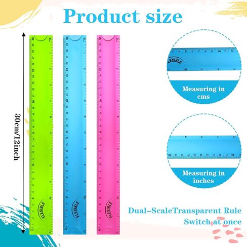 Grevosea 3 PCS Flexible Ruler, 12 Inch Clear Plastic Ruler Soft Bendable Rulers with Centimeters and Inches for Kids and Adults School Classroom Office Supplies (Rose, Green, Blue) in Saudi Arabia