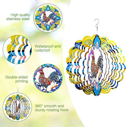 Wind Spinners Outdoor Hanging Rooster - Unique Decor Gift, 12 inch 3D Metal Wind Spinner for Yard and Garden, Weatherproof & Rustproof, Patio | Perfect for Homeowners & Nature Lovers in Saudi Arabia