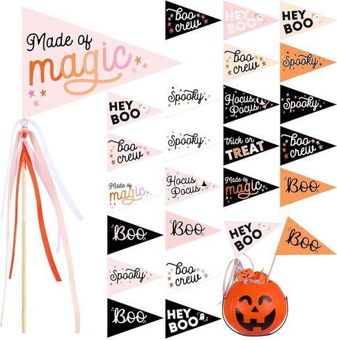 24 Pcs Halloween Stick Flags Decorations Boo Mini Handheld Flag on Wood Stick Ghost Pennant Paper with Ribbons for Halloween Party Decoration Boo Basket Decoration in Saudi Arabia