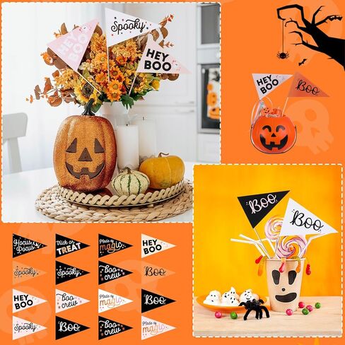 24 Pcs Halloween Stick Flags Decorations Boo Mini Handheld Flag on Wood Stick Ghost Pennant Paper with Ribbons for Halloween Party Decoration Boo Basket Decoration in Saudi Arabia