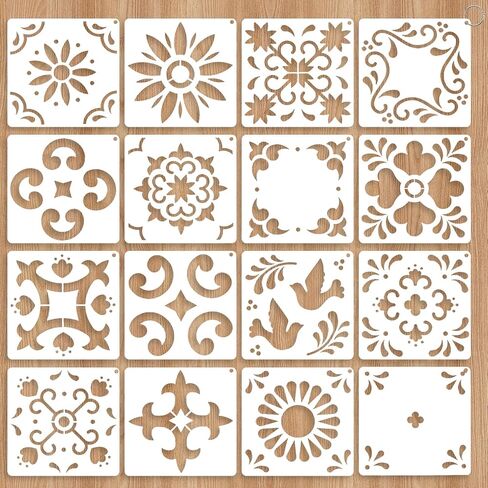 16 مجموعة استنسل البلاط (8 × 8 بوصة) ، الإسبانية الإسبانية Mexican Talavera Stencils لأثاث جدار الأرضية Canvas DIY ديكور in Saudi Arabia