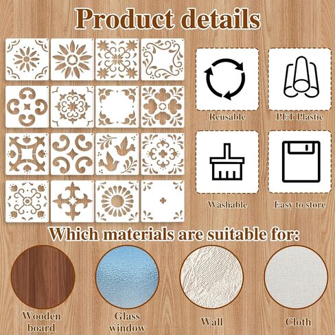 16 مجموعة استنسل البلاط (8 × 8 بوصة) ، الإسبانية الإسبانية Mexican Talavera Stencils لأثاث جدار الأرضية Canvas DIY ديكور in Saudi Arabia