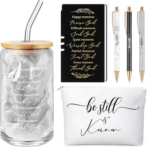 Spakon 6 Pcs Christian Gifts for Women Bible Verse A6 Leather Journal Notebook 16 oz Glass Cup Glitter Ballpoint Pen Makeup Bag Inspirational Gifts for Church Christmas(Rose Gold) in Saudi Arabia