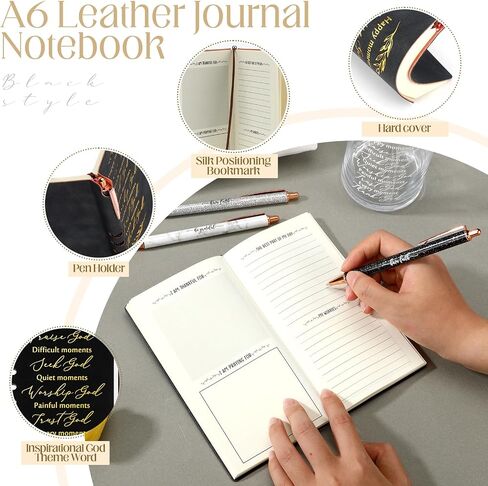 Spakon 6 Pcs Christian Gifts for Women Bible Verse A6 Leather Journal Notebook 16 oz Glass Cup Glitter Ballpoint Pen Makeup Bag Inspirational Gifts for Church Christmas(Rose Gold) in Saudi Arabia
