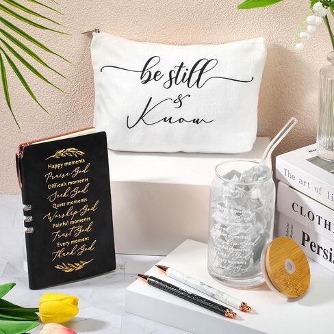 Spakon 6 Pcs Christian Gifts for Women Bible Verse A6 Leather Journal Notebook 16 oz Glass Cup Glitter Ballpoint Pen Makeup Bag Inspirational Gifts for Church Christmas(Rose Gold) in Saudi Arabia
