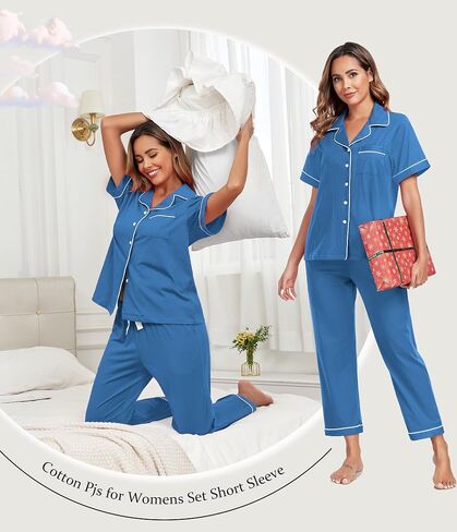 ANLIQI بيجامة قطن 100% للنساء قميص ناعم بأكمام قصيرة وسروال طويل طقم Pjs صيفي مريح S-2XL in Kuwait