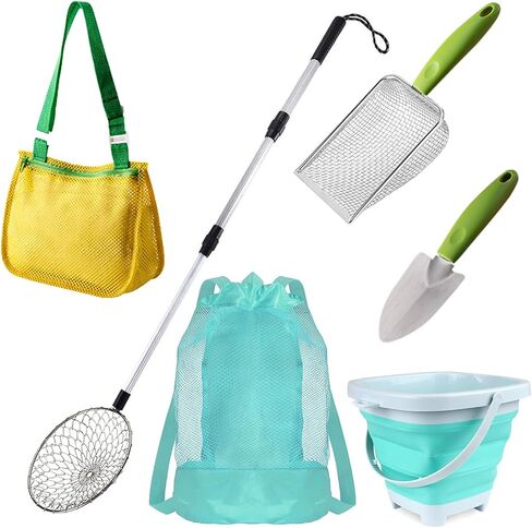 Beach Shell Collecting Bag Set, Mesh Shovel Shell Bags with Foldable Bucket (Blue Edition) in Kuwait