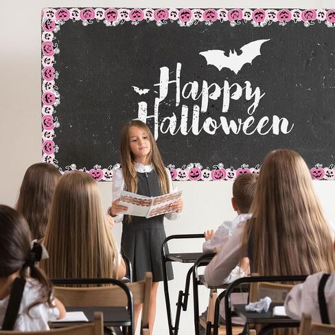 65.6Ft Halloween Pumpkin Bulletin Board Borders Funny Pink Black Pumpkin Die Cut Trim Border Roll for School Classroom Office Party Decor in Saudi Arabia