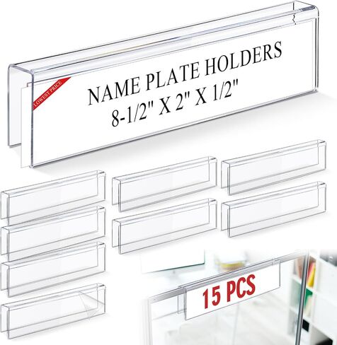 Kathfly 15 Pack Clear Acrylic Cubicle Name Plate Holders for Office, 8.5" Wide x 2" High x 1/2" Deep, Glass Wall Name Plate Holder Plastic Sign Tag Display Stand for Office Table Business Conference in Saudi Arabia