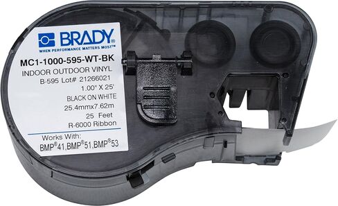 Brady-MC1-1000-595-WT-BK المسؤول (MC-1000-595-WT-BK) شريط علامات فينيل عالية الالتصاق ، أسود على أبيض-مصمم ل BMP41 و BMP51 و BMP53 Label-طول 25 "، عرض 1" in Kuwait