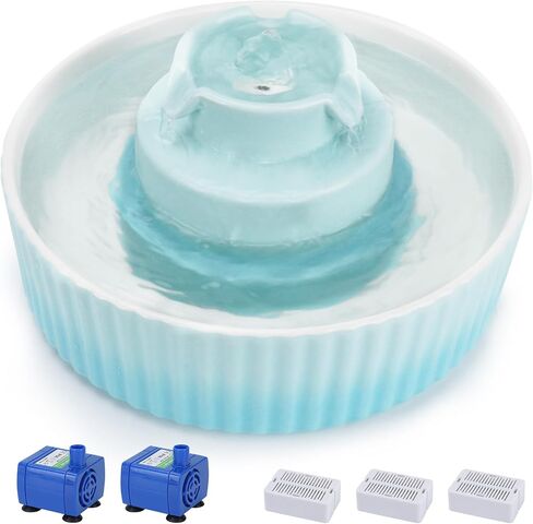 Ceramic Cat Water Fountain, 2.1L/71oz Cat Fountain with 3 Carbon Filters and 2 Quiet Pumps, Cupcake Pet Water Dispenser for Cats and Dogs (Light Blue) in Kuwait
