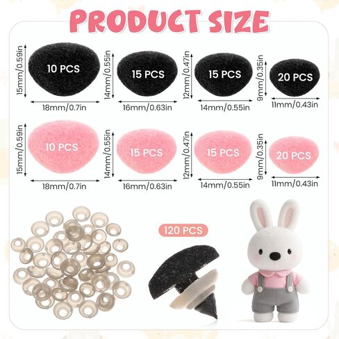 120pcs أنوف أنوف وردية أسود بلوش أنوف سلامة الكروشيه أنف 4 حجم محشو بالحيوانات التي تتدفق مع الغسالات ، وأفخم دمية لوازم 11/14/16/18 ملم in Saudi Arabia