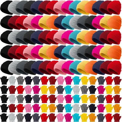 Toulite 100 Pcs Winter Beanies Gloves, Winter Hats Gloves Bulk for Toddler, Gloves and Hats for Kids Bulk, Children Warm Cold Weather Hats for Children School Donation Set in Kuwait