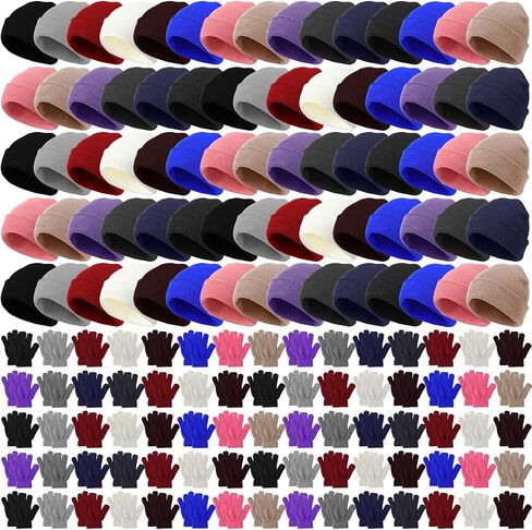 Toulite 100 Pcs Winter Beanies Gloves, Winter Hats Gloves Bulk for Toddler, Gloves and Hats for Kids Bulk, Children Warm Cold Weather Hats for Children School Donation Set in Saudi Arabia