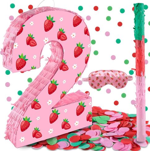 Strawberry Birthday Decorations, Sweet One Number 2 Pinata with Stick Blindfold and Confetti Strawberry Piñata 2nd Birthday Party Decoration & Supplies (Strawberry 2nd) in Kuwait