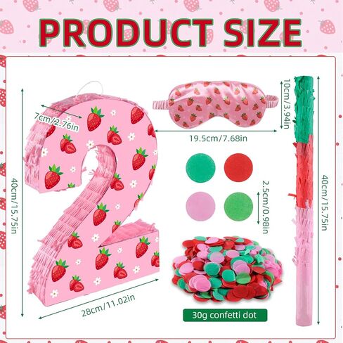 Strawberry Birthday Decorations, Sweet One Number 2 Pinata with Stick Blindfold and Confetti Strawberry Piñata 2nd Birthday Party Decoration & Supplies (Strawberry 2nd) in Kuwait