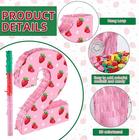 Strawberry Birthday Decorations, Sweet One Number 2 Pinata with Stick Blindfold and Confetti Strawberry Piñata 2nd Birthday Party Decoration & Supplies (Strawberry 2nd) in Kuwait