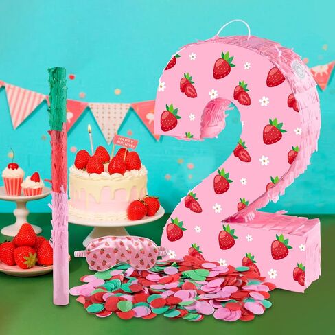 Strawberry Birthday Decorations, Sweet One Number 2 Pinata with Stick Blindfold and Confetti Strawberry Piñata 2nd Birthday Party Decoration & Supplies (Strawberry 2nd) in Kuwait