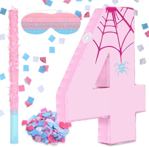 Soulchen Pink Spider Web Piñata Number 5 Spider Piñata with Stick Blindfold Confetti for Boy Girl Kids Celebration 5th Birthday Party Decorations Supplies, 13.7 x 9.8 x 1.9 Inches in Saudi Arabia