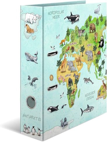 HERMA 19274 Folder DIN A4 Nursery Animals World Map, 7 cm Wide, Sturdy Cardboard, Coloured Outside and Inside Print in High-Quality Design, Ring Binder, Lever Arch File, Office Folder, Motif Folder in Kuwait