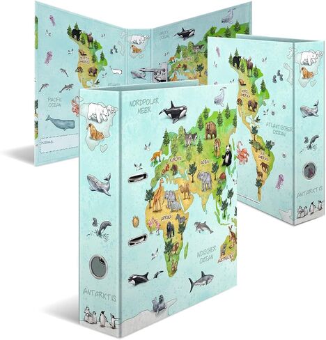 HERMA 19274 Folder DIN A4 Nursery Animals World Map, 7 cm Wide, Sturdy Cardboard, Coloured Outside and Inside Print in High-Quality Design, Ring Binder, Lever Arch File, Office Folder, Motif Folder in Kuwait