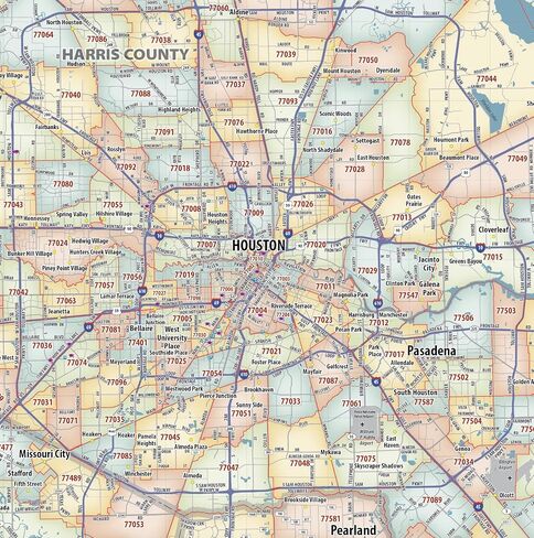 Houston TX ZIP Code Laminated Map (48" wide x 59" tall) in Saudi Arabia