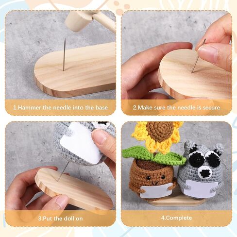 12Pcs Wooden Crochet Doll Base Set, Crochet Doll Stand Single and Dual Needle, Portable Figure Stand, Stuffed Creature Stands Kit with Needles Wooden Hammer Support for Action Figure Toys Displaying in Kuwait