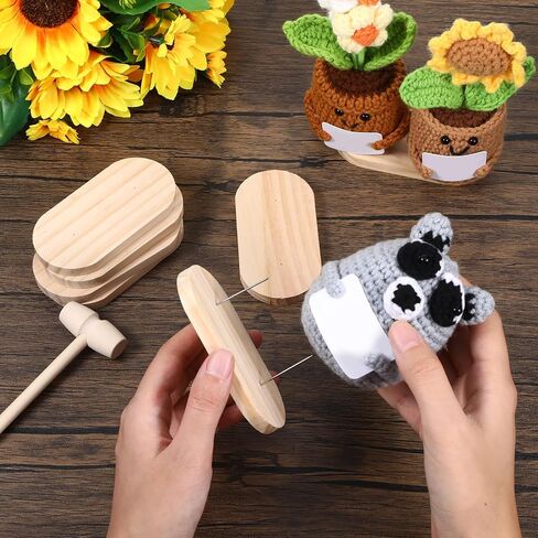 12Pcs Wooden Crochet Doll Base Set, Crochet Doll Stand Single and Dual Needle, Portable Figure Stand, Stuffed Creature Stands Kit with Needles Wooden Hammer Support for Action Figure Toys Displaying in Kuwait