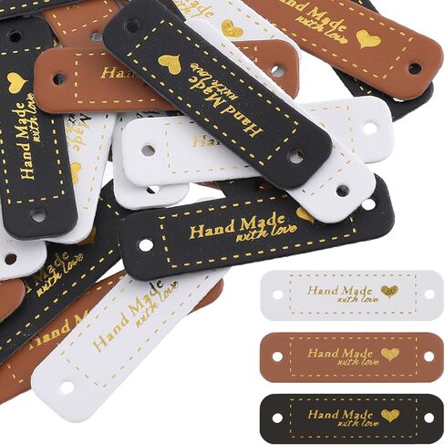 30 Pcs Handmade Tags,Leather Tags for Crochet Items Made with Love Tag PU Leather Labels Handmade Items Crochets Tag for Crochet Supplies with Holes DIY Craft Sewing Knitting(Brown Black White) in Saudi Arabia