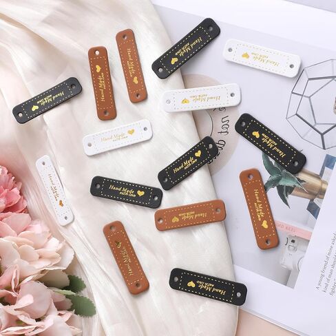 30 Pcs Handmade Tags,Leather Tags for Crochet Items Made with Love Tag PU Leather Labels Handmade Items Crochets Tag for Crochet Supplies with Holes DIY Craft Sewing Knitting(Brown Black White) in Saudi Arabia