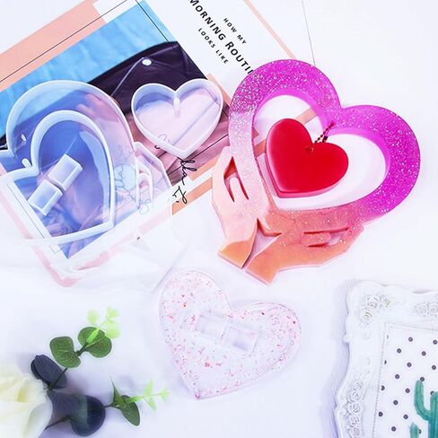 2 PCS Heart Photo Frame Mould Mould مع 10 سلاسل قالب راتنج الايبوكسي لعرض الصور DIY ، ديكور الزفاف ، الديكور المنزل ، تذكار الذاكرة (القلب) in Kuwait