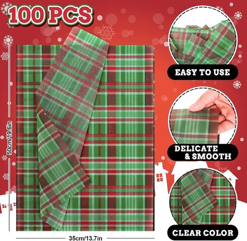 Whaline 100 Sheets Christmas Plaid Tissue Paper Red Green Buffalo Plaids Gift Paper Paper Xmas Rustic Art Tissue Paper لعيد ميلاد عيد ميلاد التغليف هدية عطلة ، 13.7 × 19.6 بوصة in Saudi Arabia