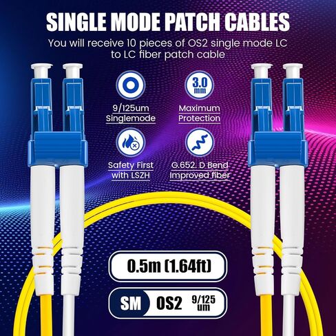 10 Pack Single Mode Fiber Lc to Lc, 3.28 ft OS2 Lc to Lc Single Mode Fiber Patch Cable Duplex, Singlemode Fiber Optic Cable Lc to Lc, Lszh Sm Fiber Jumper Cord, Yellow SMF 1 Meter in Saudi Arabia