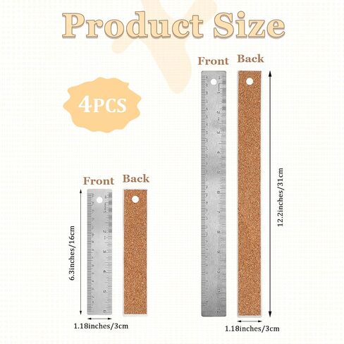 Stainless Steel Metal Ruler with Non-Slip Cork Backing 6 Inch and 12 Inch, 4 Pack Straight Edge Rulers with Inches and Centimeters Cork Backed Ruler for Engineering School Drawing Tools in Saudi Arabia