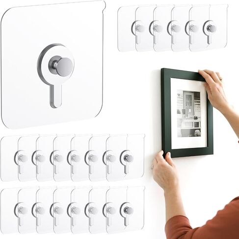 20 Pcs Adhesive Picture Hooks, 30 Ibs Load Heavy Duty Self Adhesive Wall Hooks for Hanging, Waterproof Picture Hangers Without Nails for Bathroom Kitchen, Transparent Sticky Hooks for Frames in Kuwait
