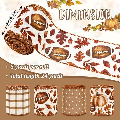 anydesign Fall Ribbon 24 Yards Super Football Bowl Wired Edge Ribbon Autumn Leaves Autumn Fabric Fabron Ribbon for Wreat in Saudi Arabia