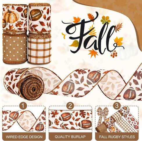 anydesign Fall Ribbon 24 Yards Super Football Bowl Wired Edge Ribbon Autumn Leaves Autumn Fabric Fabron Ribbon for Wreat in Saudi Arabia