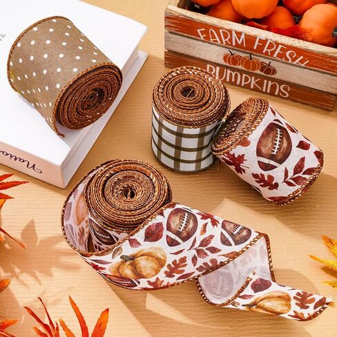 anydesign Fall Ribbon 24 Yards Super Football Bowl Wired Edge Ribbon Autumn Leaves Autumn Fabric Fabron Ribbon for Wreat in Saudi Arabia