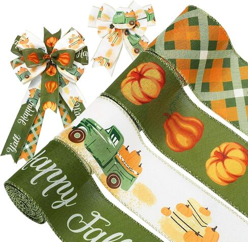 Whaline 4 Rolls Fall Fall Edge Ribbon 24 ياردة 2.5 بوصة أخضر خريف الشاحنة القرع بزخرفة لقوس القوس الزهور غلاف المزرعة in Saudi Arabia