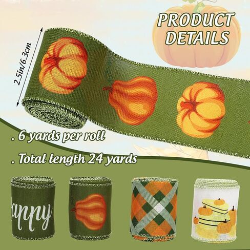Whaline 4 Rolls Fall Fall Edge Ribbon 24 ياردة 2.5 بوصة أخضر خريف الشاحنة القرع بزخرفة لقوس القوس الزهور غلاف المزرعة in Saudi Arabia