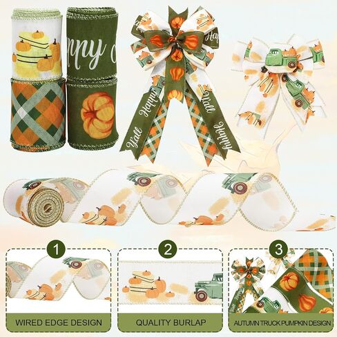 Whaline 4 Rolls Fall Fall Edge Ribbon 24 ياردة 2.5 بوصة أخضر خريف الشاحنة القرع بزخرفة لقوس القوس الزهور غلاف المزرعة in Saudi Arabia