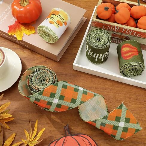 Whaline 4 Rolls Fall Fall Edge Ribbon 24 ياردة 2.5 بوصة أخضر خريف الشاحنة القرع بزخرفة لقوس القوس الزهور غلاف المزرعة in Saudi Arabia