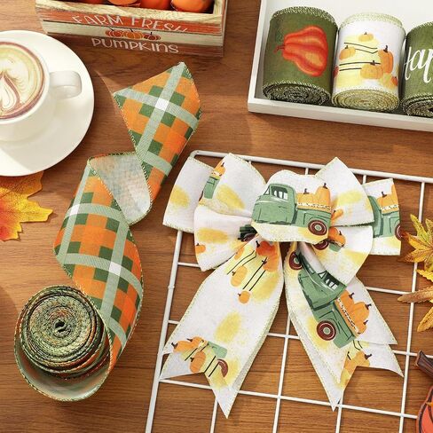 Whaline 4 Rolls Fall Fall Edge Ribbon 24 ياردة 2.5 بوصة أخضر خريف الشاحنة القرع بزخرفة لقوس القوس الزهور غلاف المزرعة in Saudi Arabia